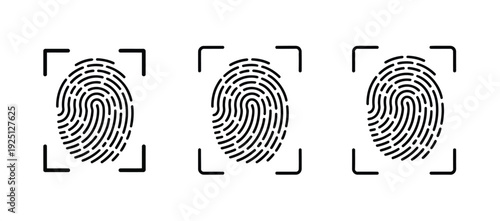 Fingerprint Icons, vector illustrations of three biometric scanning and identity verification symbols, isolated on white background, suitable for security apps, websites, authentication, and digital d