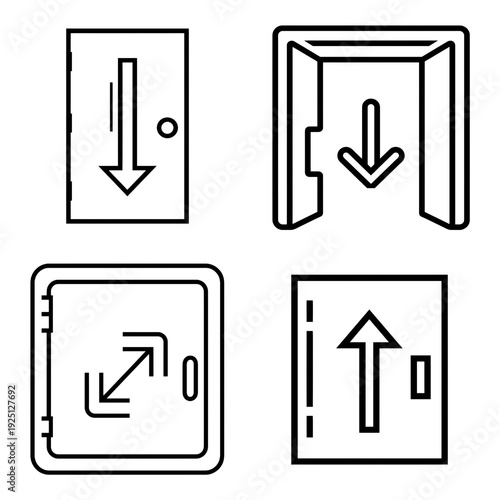 Set of four simple icons representing doors, arrows and an expand symbol