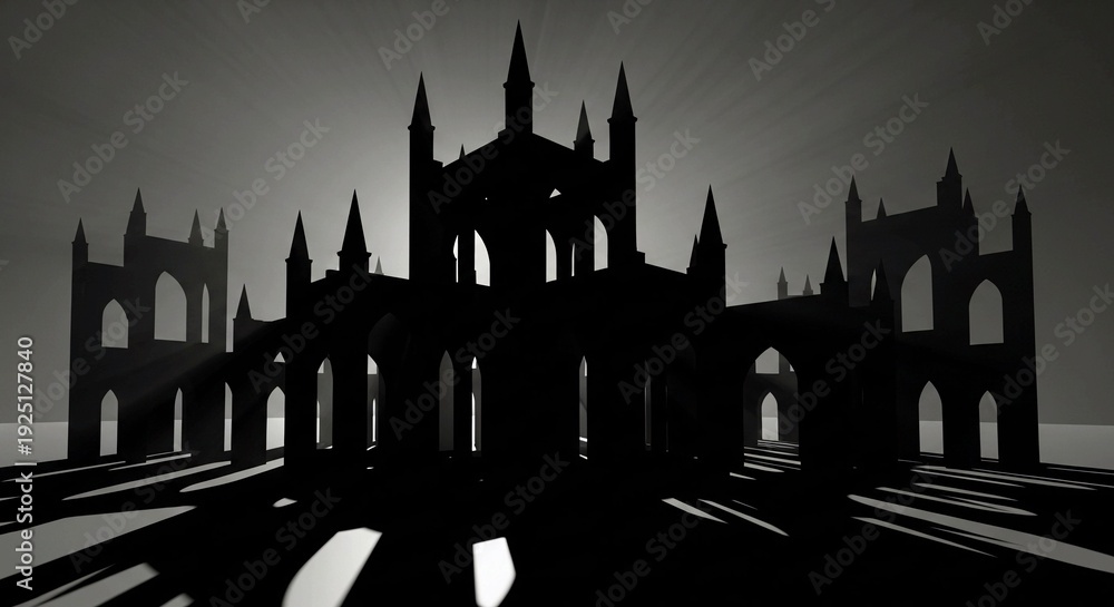 Obraz premium Mysterious Gothic cathedral silhouette with dramatic lighting and shadows