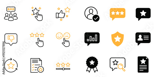 Review icon set. Containing feedback, rating, testimonial, satisfaction, comment, opinion, like, customer, recommend and more. Solid vector icons collection.