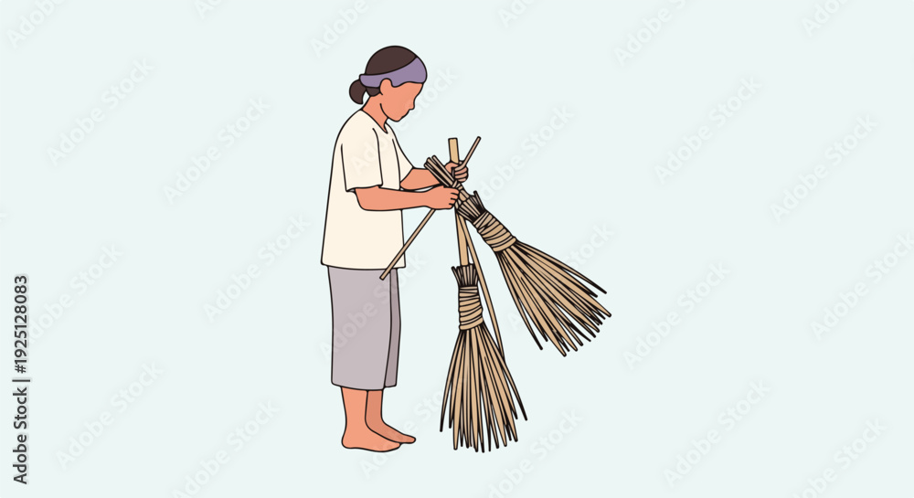 Obraz premium Traditional craftsman making handmade brooms from natural materials, illustrating sustainable crafting and rural lifestyle