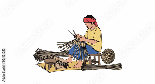 Dedicated artisan weaving natural plant fibers into traditional handmade crafts, illustrating the intricate process of creating fans or mats with raw materials.