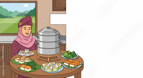 Muslim woman in hijab serving traditional Indonesian food and snacks on a table with a steamer