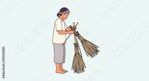 Traditional craftsman making handmade brooms from natural materials, illustrating sustainable crafting and rural lifestyle