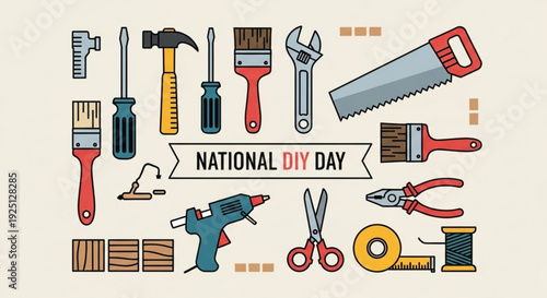 National diy day illustration with various colorful tools and equipment for home improvement and crafting projects