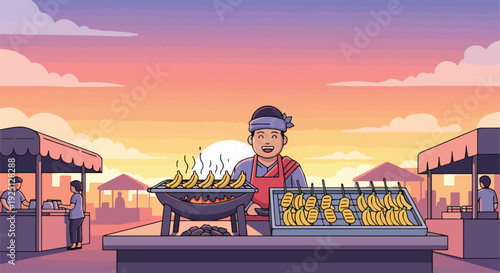 Smiling Street Food Vendor Grilling Bananas at a Vibrant Outdoor Market During Sunset, Offering Delicious Traditional Snacks