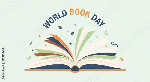 Vibrant world book day illustration with open book and colorful pages flying out on light background