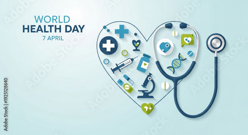World health day medical icons in heart with stethoscope on light blue background health awareness concept