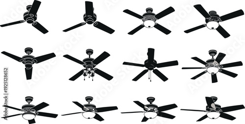 Ceiling fan silhouette set, vector illustration collection, electric cooling fans, home appliance icons, interior design elements, isolated ventilation hardware, house fixtures,