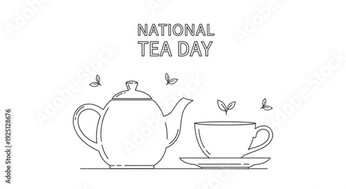 National tea day celebration with teapot cup and saucer surrounded by tea leaves and butterflies