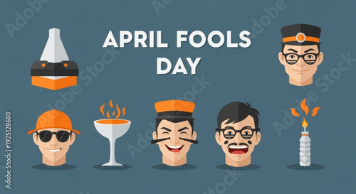 Colorful april fools day cartoon illustrations with funny faces and prank items on blue background