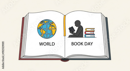 World book day illustration with open book and globe on beige background