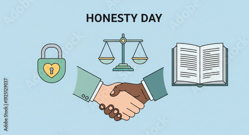 Honesty day concept with handshake scales lock and book on light blue background symbolizing trust and integrity
