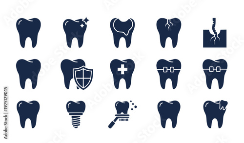 A set of dental icons featuring various tooth illustrations and symbols for oral health and hygiene