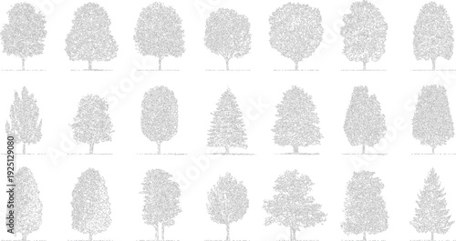 Collection of diverse tree outlines in grayscale dot style. Various deciduous and coniferous shapes are depicted