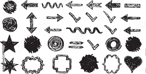 Sketchy arrow set with pen, crayon and chalk effects. Hand drawn style with brush and pencil strokes. Flat vector illustration isolated on white. Distressed rough texture