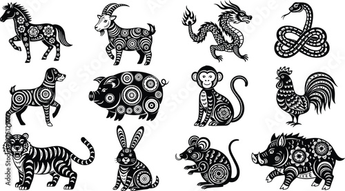 Chinese zodiac animals vector illustration, decorative artwork design, black and white graphics, cultural symbolism clipart, astrology pattern, traditional art
