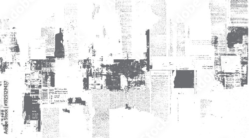 Distressed newspaper fragments with text and dark grey abstract shapes on white background print vintage