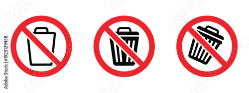 No Littering Sign Icons, vector illustration of three variations of trash bin prohibition symbols, isolated on white background, perfect for environmental campaigns, public signage, apps, websites, an