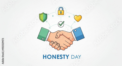 Handshake with honesty day symbols representing trust and partnership with shield lock checkmark and heart icons