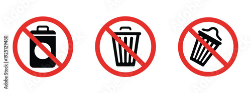 No Littering Sign Icons, vector illustrations of three variations featuring trash bin symbols, isolated on white background, suitable for environmental awareness, public signage, apps, websites, and d