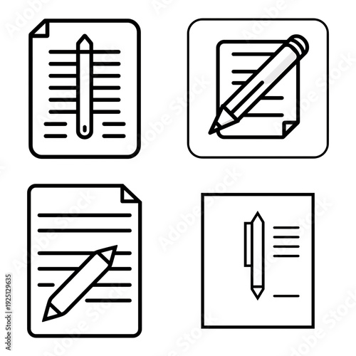 Four simple line icons representing writing and note-taking with pens and paper.