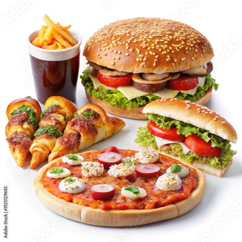Top view of a savory meal set with meat burger and veggie pizza slices