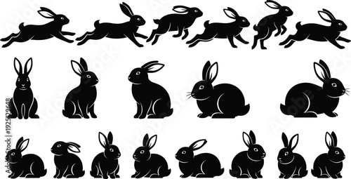 Rabbit silhouettes collection showing running sitting and jumping bunny poses wildlife animal vector illustration set isolated