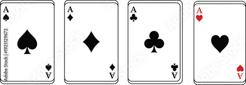 Playing card aces illustration set, spades diamonds clubs hearts symbols, classic casino poker vector design for games, gambling, prints, and graphic projects