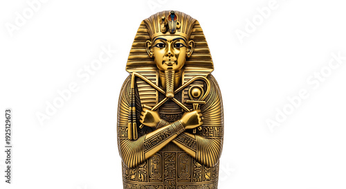 Ancient Egyptian Sarcophagus Display, Museum Exhibit, Metal Sculpture, Cultural Heritage, Close-Up View, Historical Significance