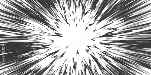 Dynamic black and white abstract background with radial speed lines bursting from a central point