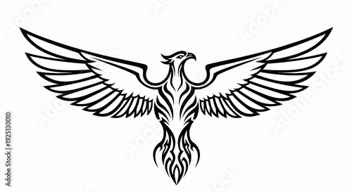 Mythical Phoenix Bird Silhouette with Wings Spread Open, Tribal Style