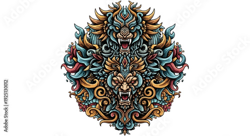 Mythical Beast Mandala Illustration - Fierce Lion and Dragon Faces