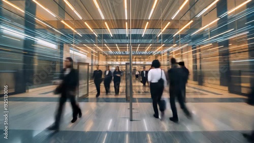 Motion blurred people walking through glass entrance of office lobby with ceiling lights