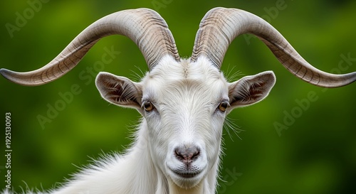 Mature male domestic caprine displays prominent curved horns against a vibrant natural backdrop