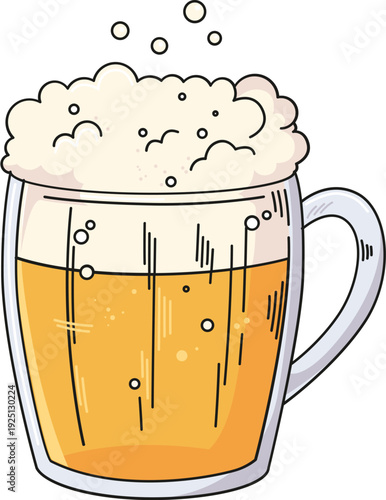 Cartoon beer mug with frothy head and bubbles drink beverage