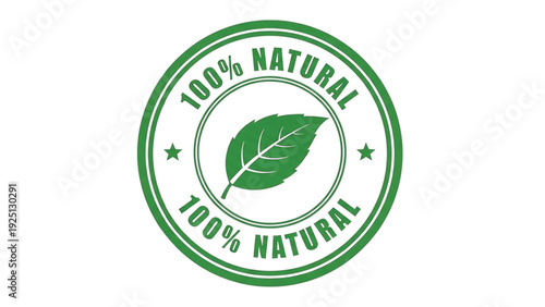 Green circular stamp with leaf and 100 percent natural text