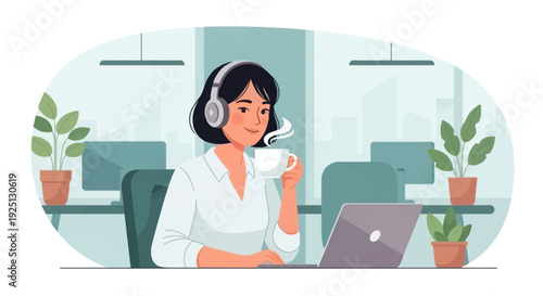 Female Customer Service Representative with Headset Working on Laptop in Modern Office – Call Center Support Vector Illustration
