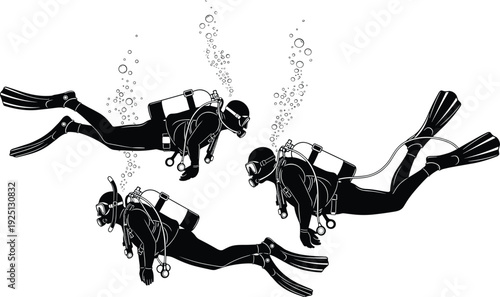 Scuba divers underwater group swimming with oxygen tanks and bubbles marine exploration adventure ocean diving vector illustration