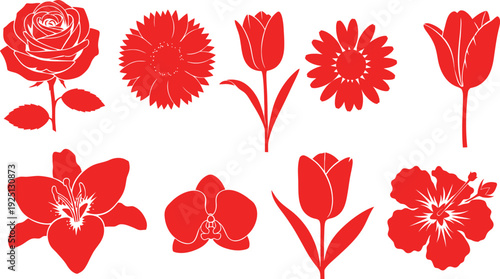 Red Flower Silhouettes Collection Rose Tulip Orchid Hibiscus Daisy flowers