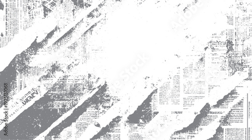 Distressed newspaper texture with diagonal grey stripes and scattered text fragments grunge vintage