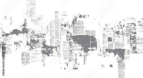 Distressed newspaper fragments with grey overlay text and ink splatters print