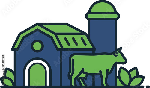 Farm building and cow icon. Includes barn, silo, dairy cow, and plants. Created in flat line style with blue and green palette.