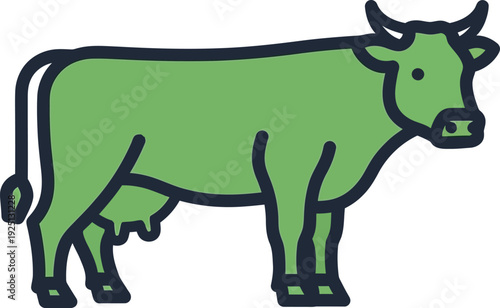 Green cow vector illustration with udder and horns in a flat line art style.