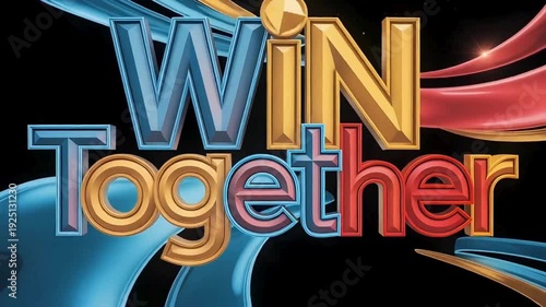 Teamwork inspired Win Together typography animation with bold interlocking letters in vibrant colors, symbolizing collaboration and unity