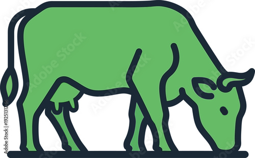 Cow grazing vector icon. Green cow with udder eating grass. Created in outline and fill style with green and dark blue palette.