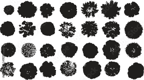 Collection of black silhouette tree tops viewed from above showing varied shapes and foliage detail