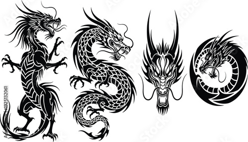 Dragon vector illustration, mythical creature artwork, fantasy design, black and white graphics, cultural symbolism clipart, powerful beast emblem pattern