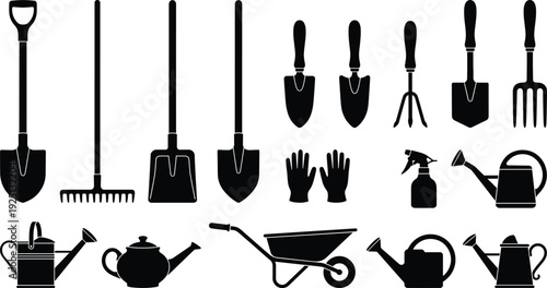 Gardening tools icon set, black silhouettes of shovel, rake, trowel, watering can, wheelbarrow, gloves, spray bottle, and garden equipment vector,