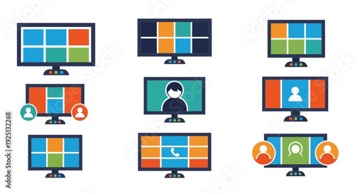 Flat design illustration of multiple computer monitors displaying various video call interfaces and digital communication icons on a white background.